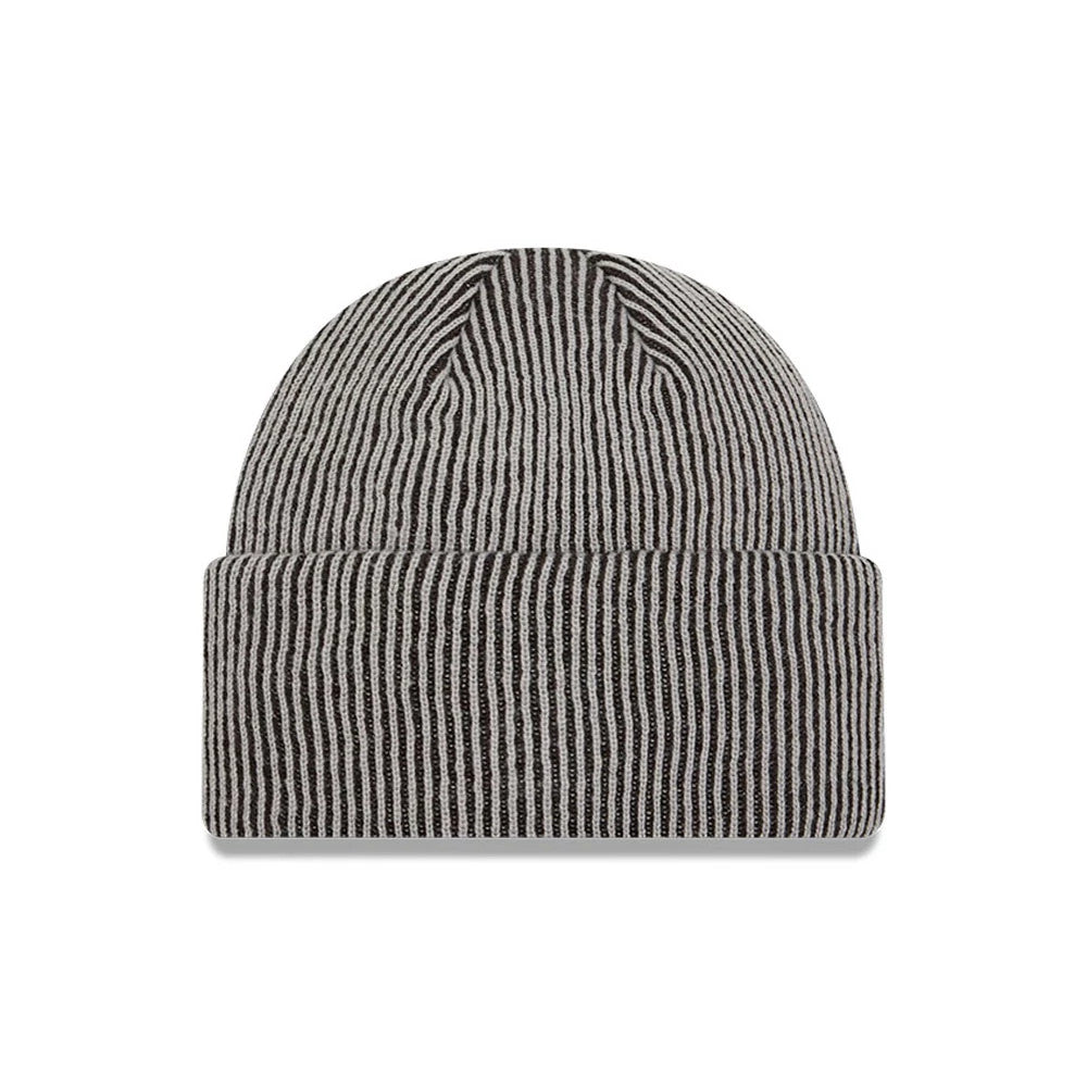 New Era New York Yankees MLB Rib Grey Cuff Knit Beanie Hat, front view showing the ribbed knit texture with alternating grey and black stripes, featuring a wide folded cuff enhancing the cosy design.