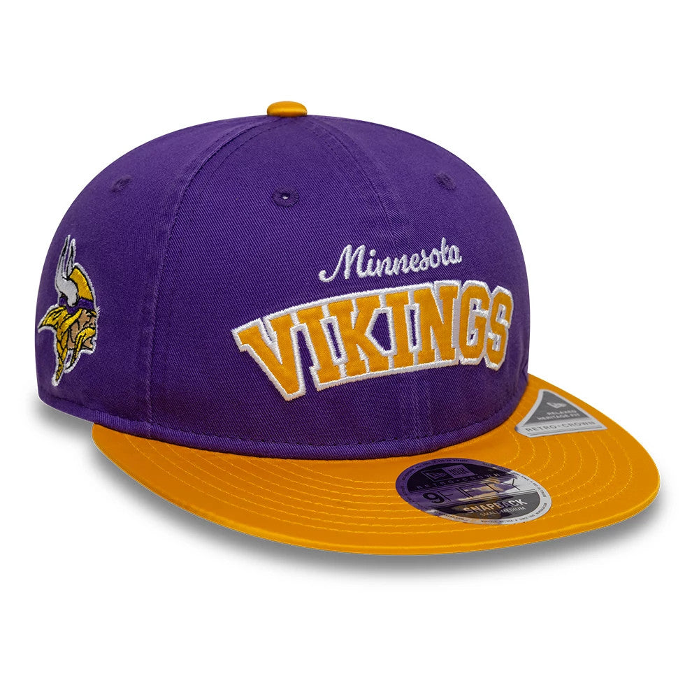 Minnesota Vikings NFL Historic Purple Retro Crown New Era 9FIFTY Adjustable Cap, three-quarter view showing yellow and white embroidered Vikings lettering on the front panel, with a yellow visor and a 9FIFTY size sticker.