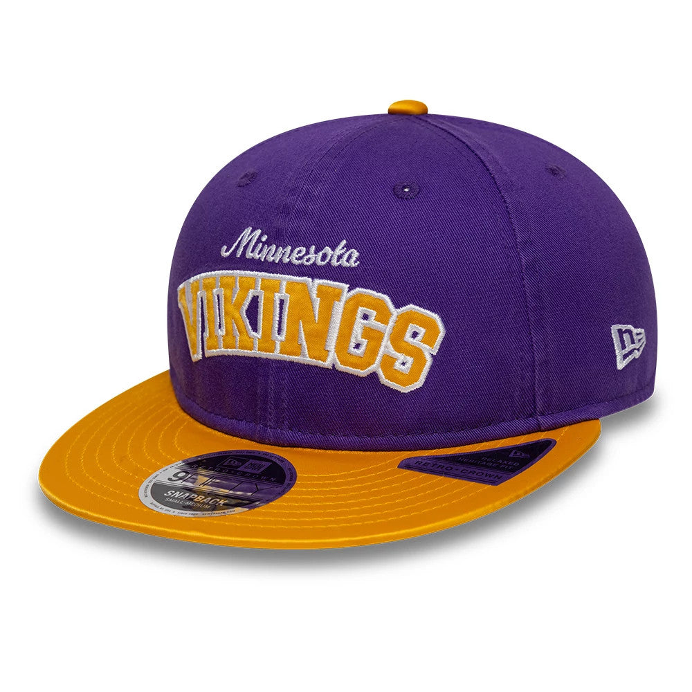 Minnesota Vikings NFL Historic Purple Retro Crown New Era 9FIFTY Adjustable Cap, front view showing raised yellow and white embroidered Minnesota Vikings lettering on the purple crown, with a curved yellow visor and 9FIFTY size sticker.