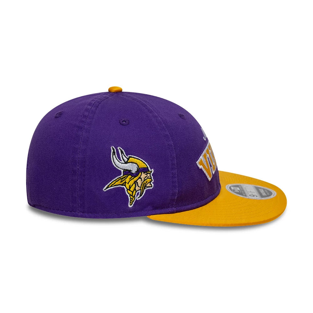 Minnesota Vikings NFL Historic Purple Retro Crown New Era 9FIFTY Adjustable Cap, side view showing the embroidered Vikings logo on the purple crown, yellow top button and visor, and 9FIFTY size sticker.