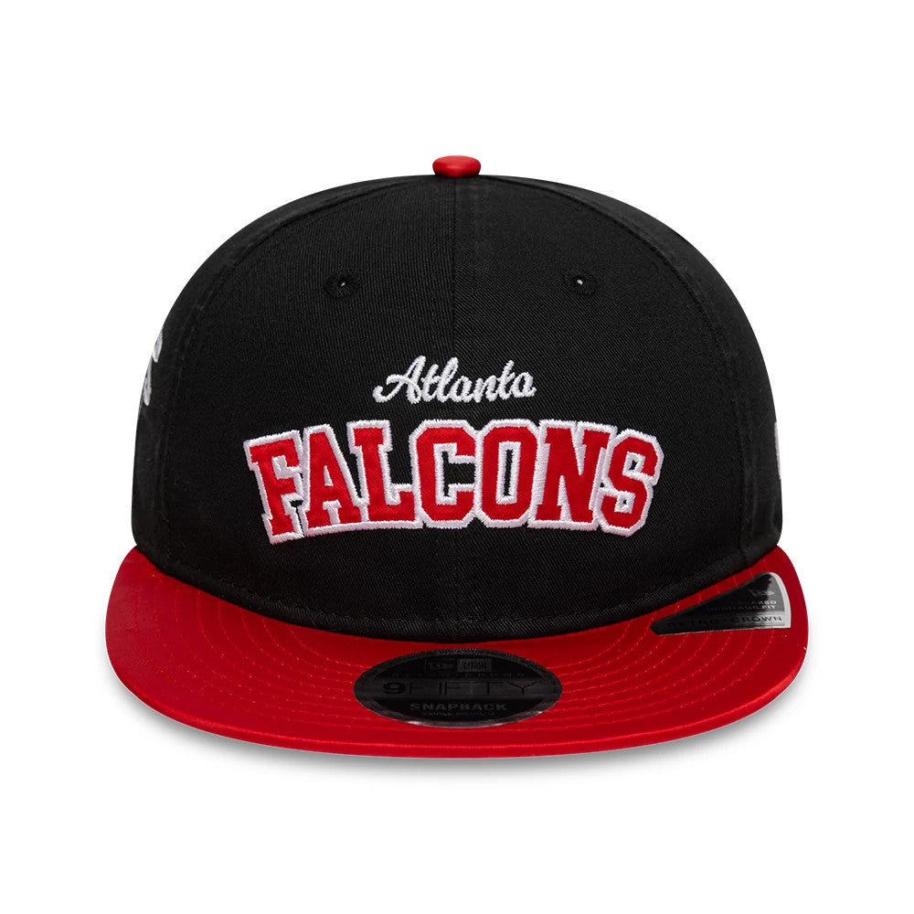 Atlanta Falcons NFL Historic Black Retro Crown New Era 9FIFTY Adjustable Cap, front view featuring raised white and red embroidered Falcons lettering on the black structured crown, with a contrasting red visor and a black 9FIFTY size sticker.