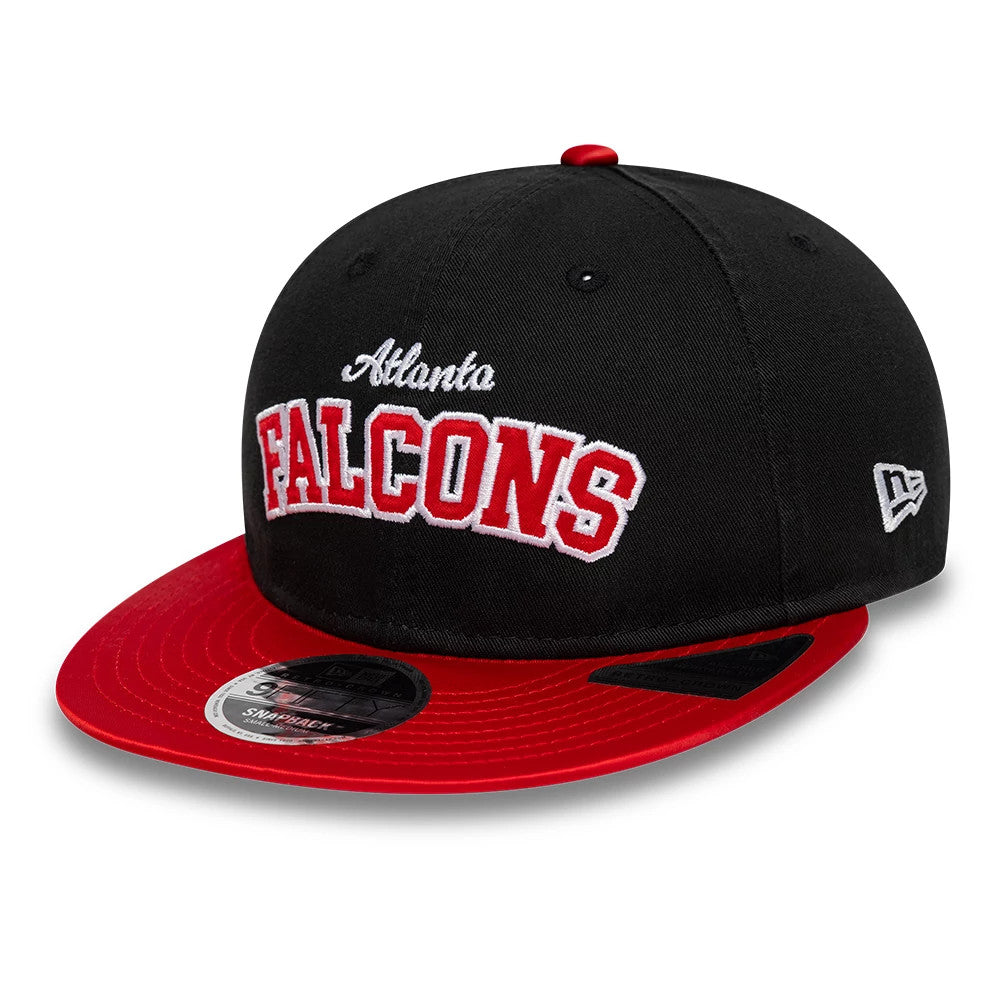 Atlanta Falcons NFL Historic Black Retro Crown New Era 9FIFTY Adjustable Cap, front view showing raised red and white embroidered Falcons logo on the black front panel, red flat visor with black undervisor, and 9FIFTY size sticker.