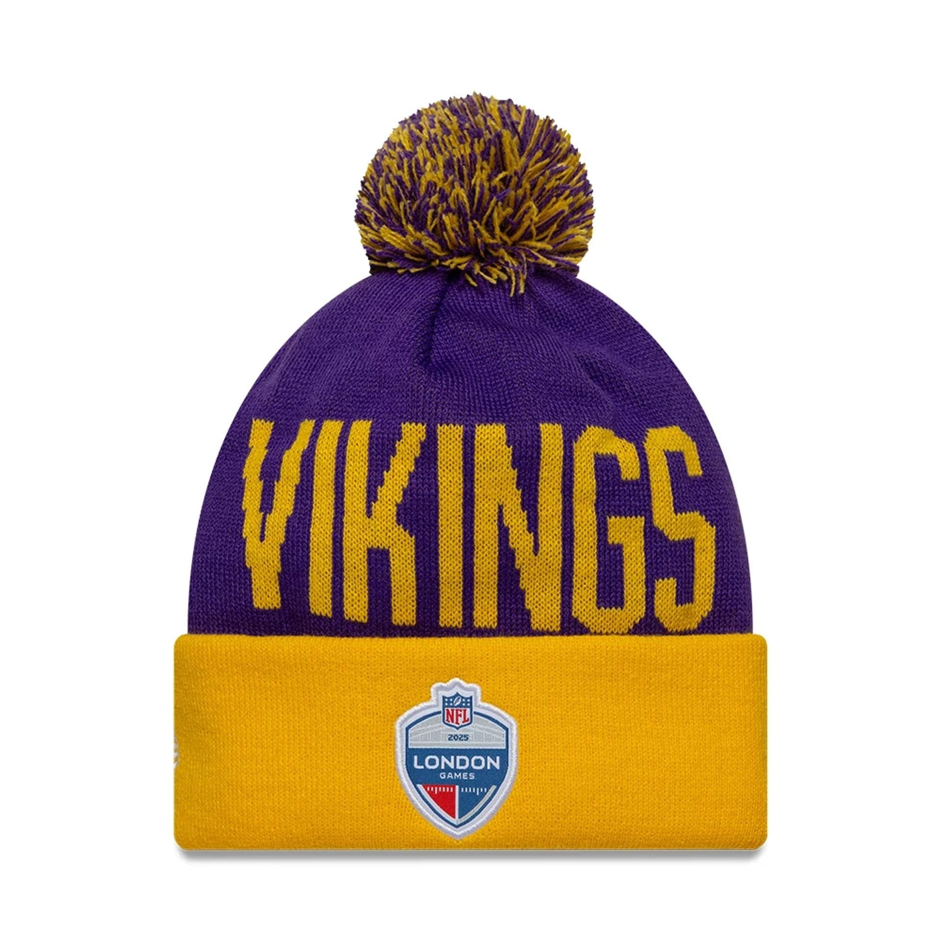 This is a Minnesota Vikings NFL International Series Games London 2025 Purple Cuff knit Beanie Hat 2