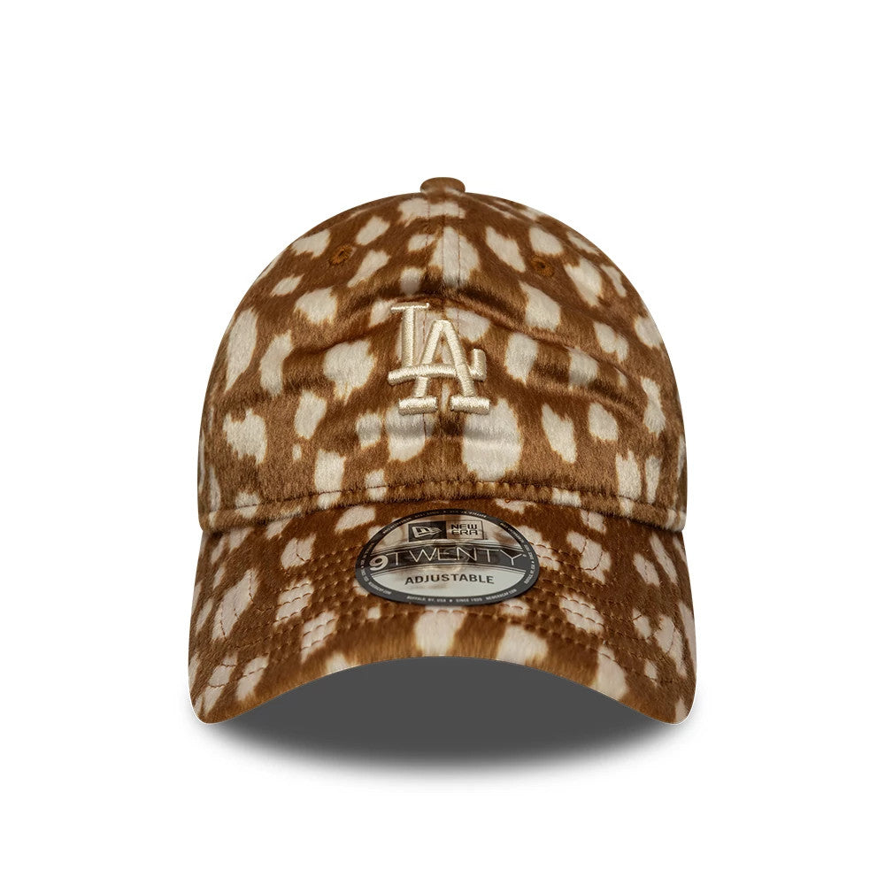 LA Dodgers Animal Print Dark Beige New Era 9TWENTY Adjustable Cap, front view showing the raised white LA logo on the animal print front panels, curved visor, and 9TWENTY size sticker.