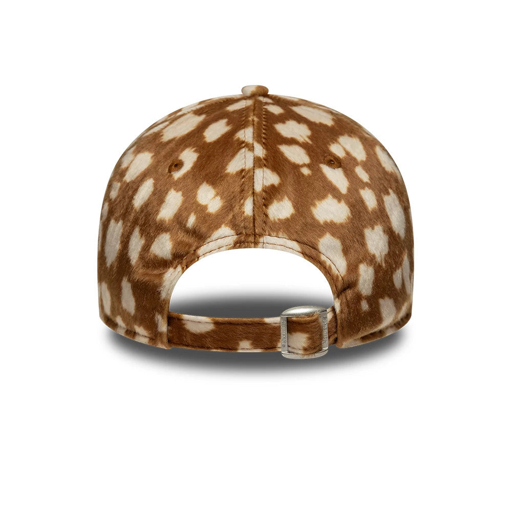 LA Dodgers Animal Print Dark Beige New Era 9TWENTY Adjustable Cap, rear view showing the animal print design on the structured crown with an adjustable fabric strap and buckle at the back.