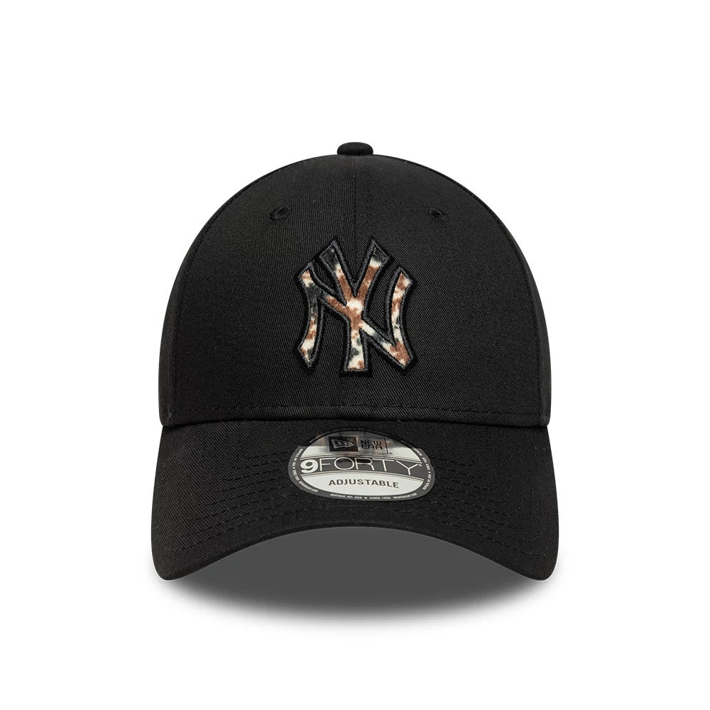 New York Yankees Animal Print Black New Era 9FORTY Adjustable Cap, front view showing the raised NY logo with animal print embroidery on the front panels, black curved visor, and 9FORTY size sticker on top.