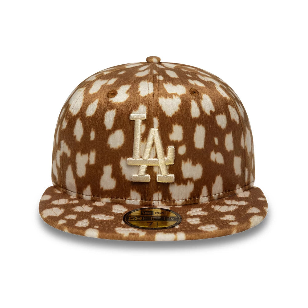 LA Dodgers Animal Print Dark Beige New Era 59FIFTY Fitted Cap, front view showing white raised embroidered LA logo on the front panel with a patterned flat visor and a gold 59FIFTY size sticker on top.