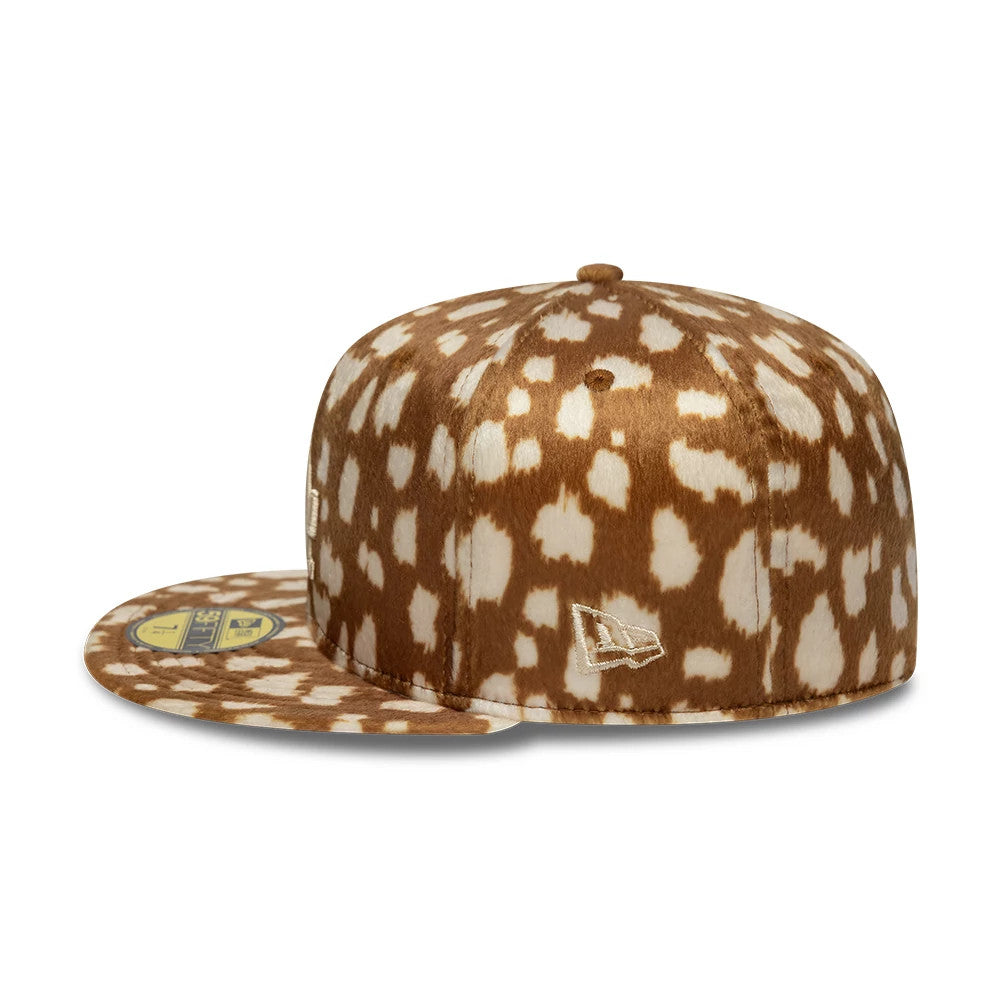 LA Dodgers Animal Print Dark Beige New Era 59FIFTY Fitted Cap, side view showing the white embroidered New Era flag logo on a spotted brown and beige crown with a flat visor and a 59FIFTY size sticker on the visor.