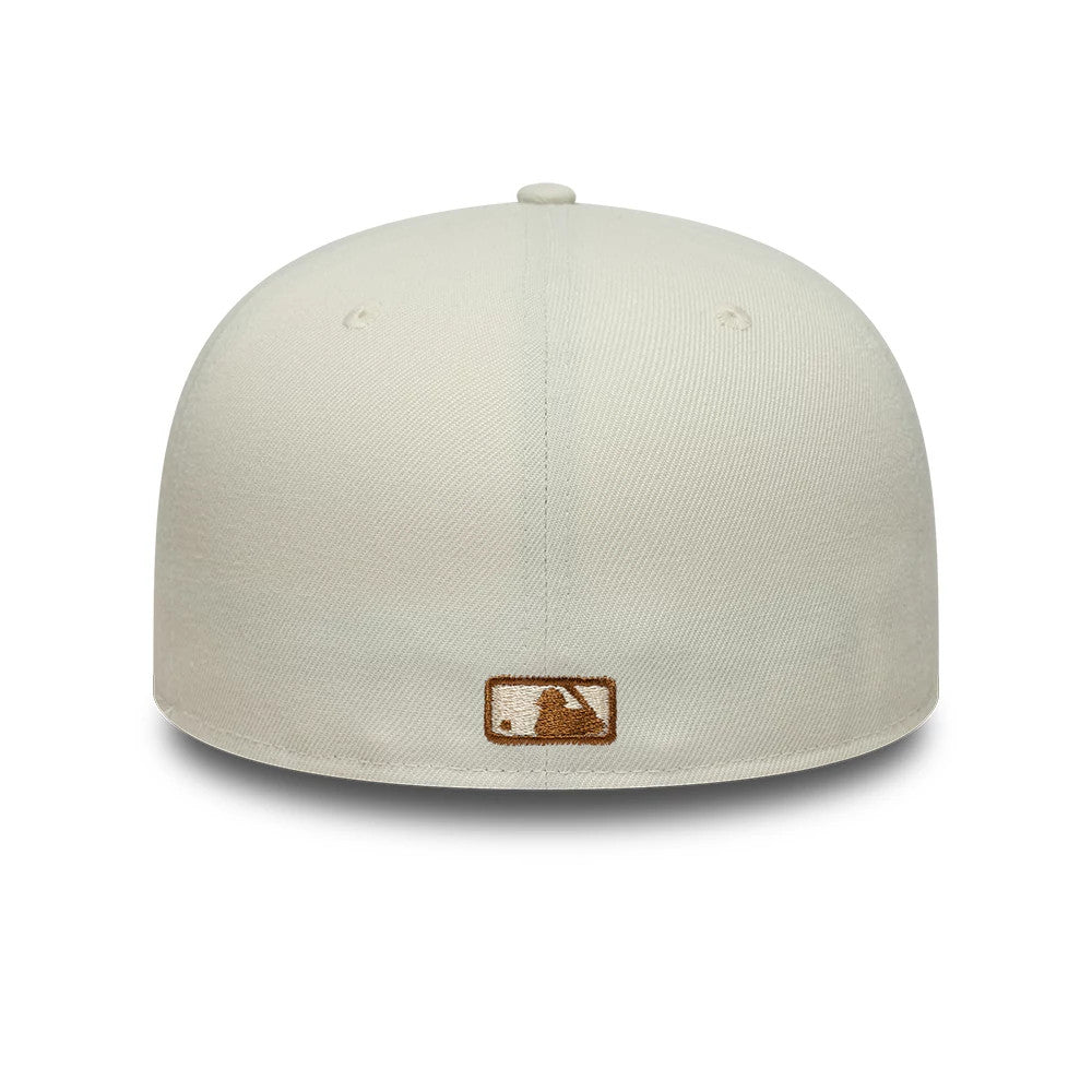 LA Dodgers Animal Print Beige New Era 59FIFTY Fitted Cap, rear view showing the brown embroidered MLB Batterman logo at the centre of the back panels, set low on the structured beige crown.