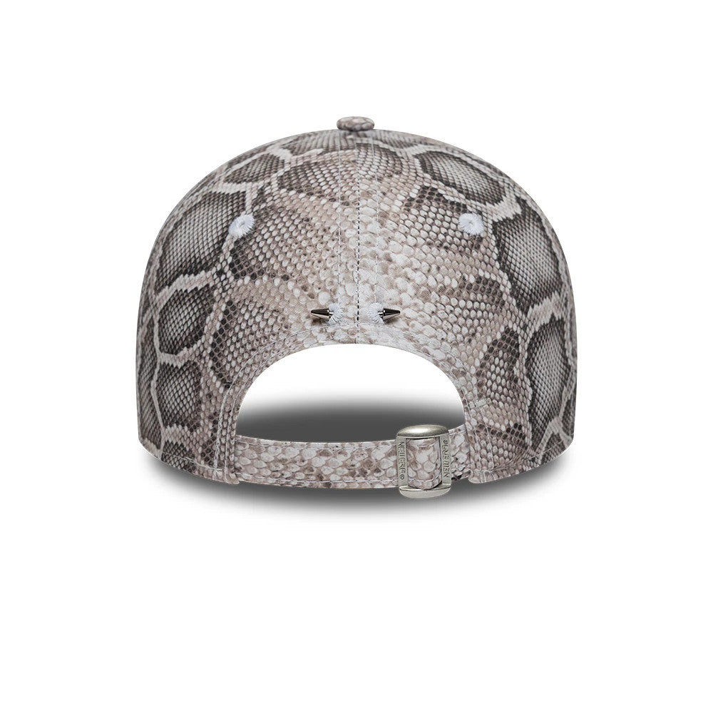 Womens New Era X Barbara Bui Python All Over Print 9FORTY Adjustable Cap, rear view showing the all-over python pattern, buckle strap at the back, and two white embroidered eyelets on each side of the structured crown.