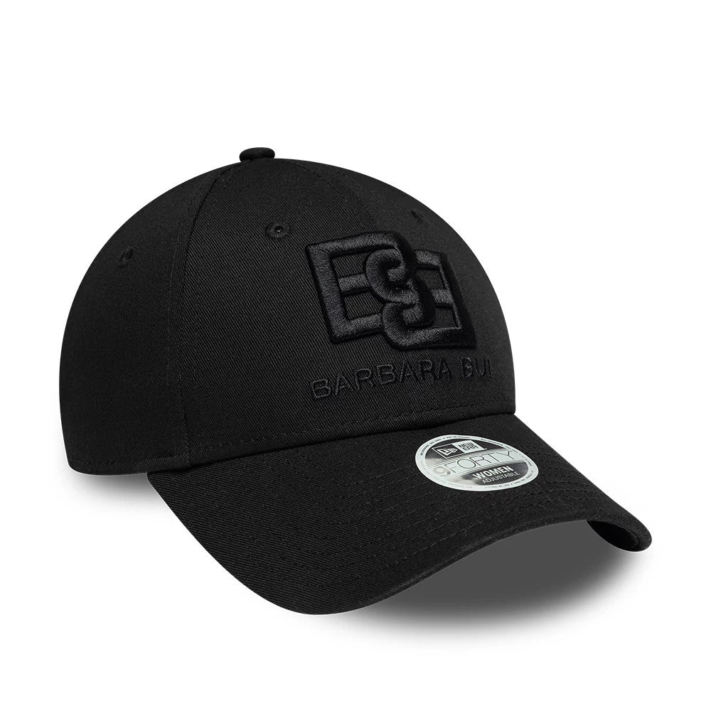 Womens New Era X Barbara Bui Core Black 9FORTY Adjustable Cap, three-quarter view showing the black raised embroidered Barbara Bui logo on the front panel, curved black visor and 9FORTY size sticker on the top.