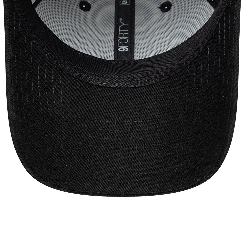 Womens New Era X Barbara Bui Core Black 9FORTY Adjustable Cap, inside view showing black taping with New Era branding, a pale grey sweatband, and the black undervisor with stitching along the edges.