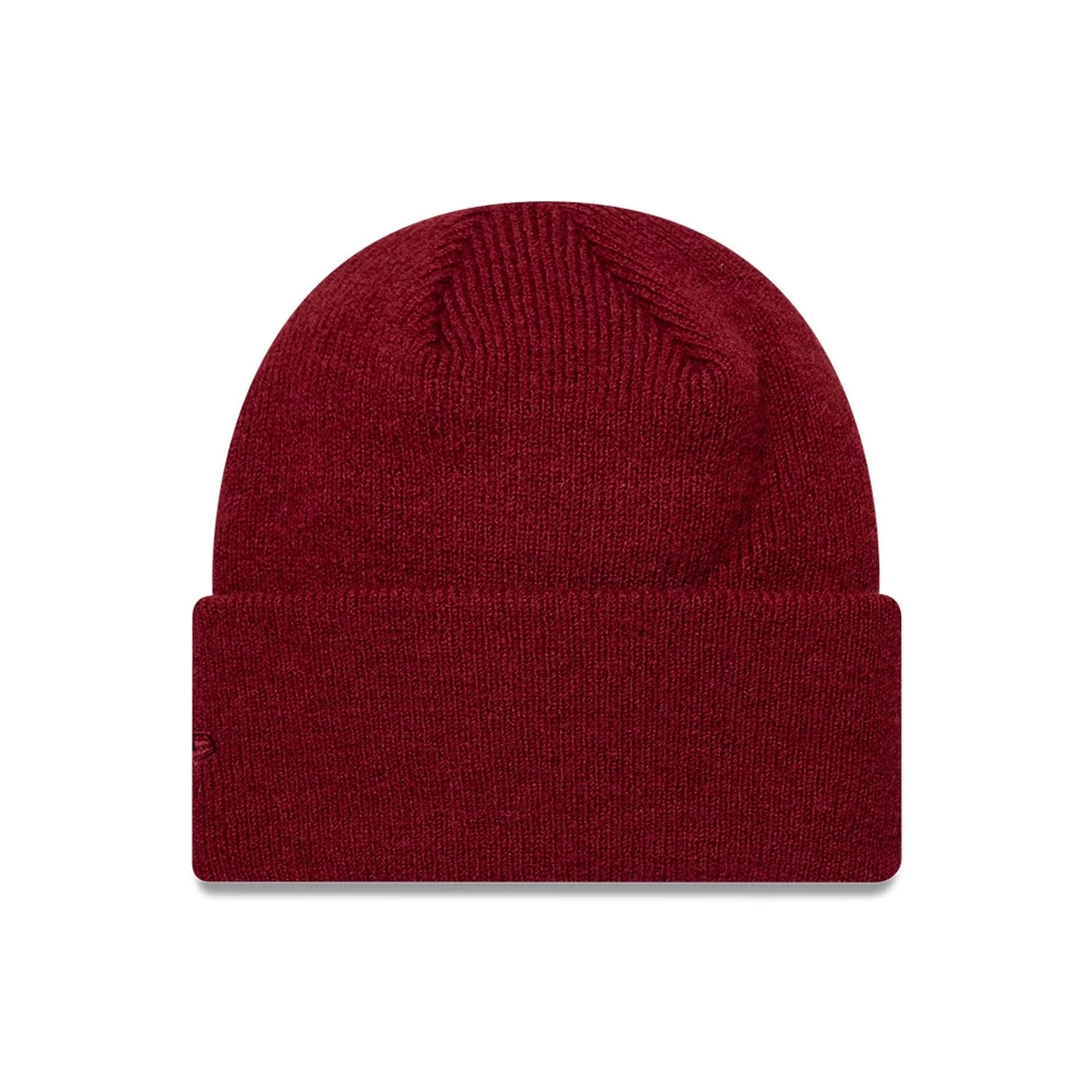 Pictured is this New Era Borg Cuff knit Beanie hat in dark red. 2