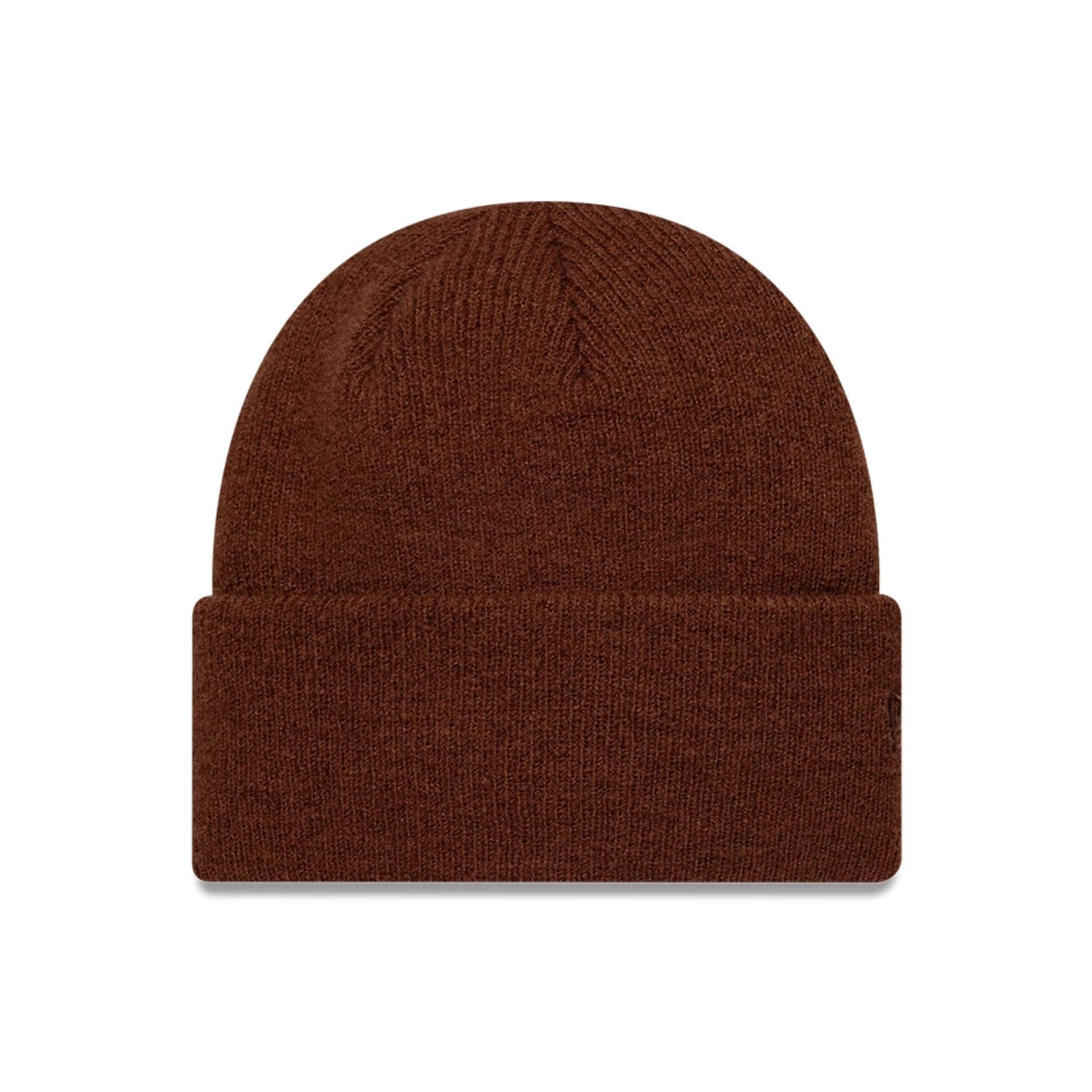 Pictured is this New Era Borg Cuff knit Beanie hat in dark brown. 1