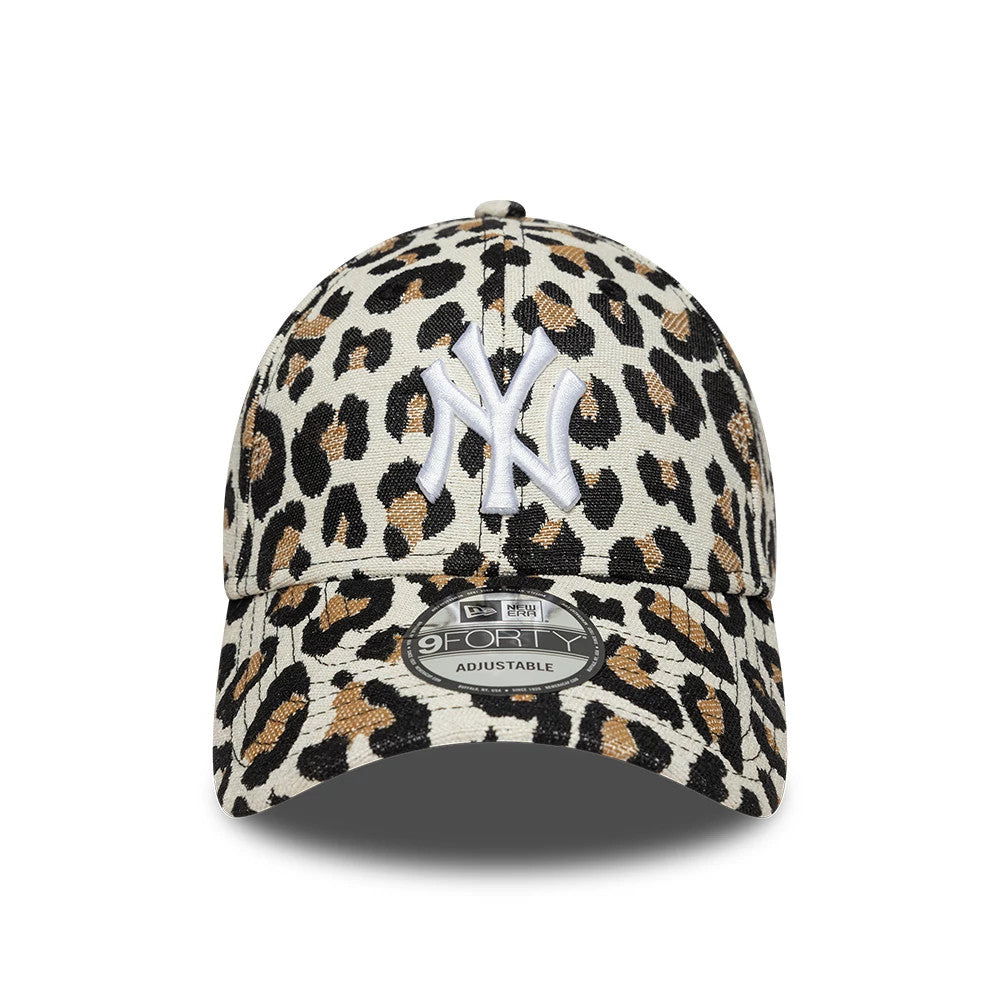 New York Yankees MLB Leopard Black New Era 9FORTY Adjustable Cap, front view showing a raised white NY logo embroidered on the leopard-print crown and a grey 9FORTY size sticker on the black curved visor.