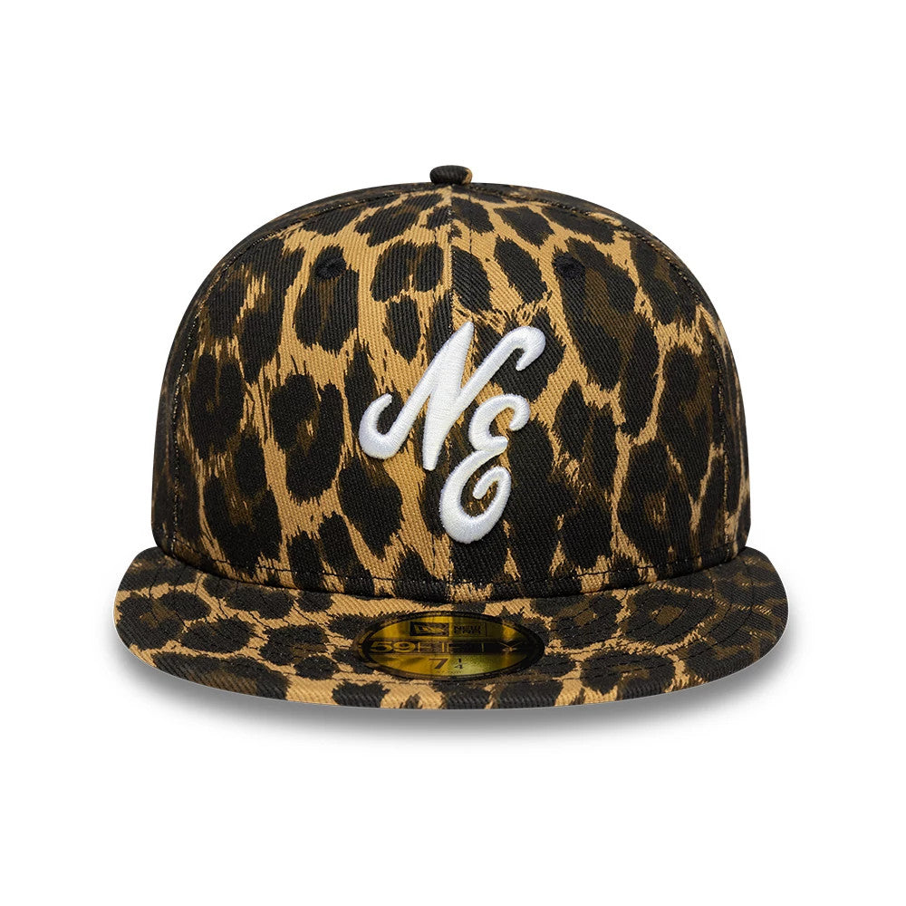 New Era Leopard Black 59FIFTY Fitted Cap, front view showing white raised embroidered NE logo on leopard print design, with a flat visor and a gold 59FIFTY size sticker on the visor.