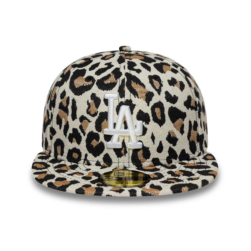 LA Dodgers MLB Leopard Black New Era 59FIFTY Fitted Cap, front view showing the white embroidered LA logo on the leopard print front panel and a gold 59FIFTY size sticker on the flat black visor.