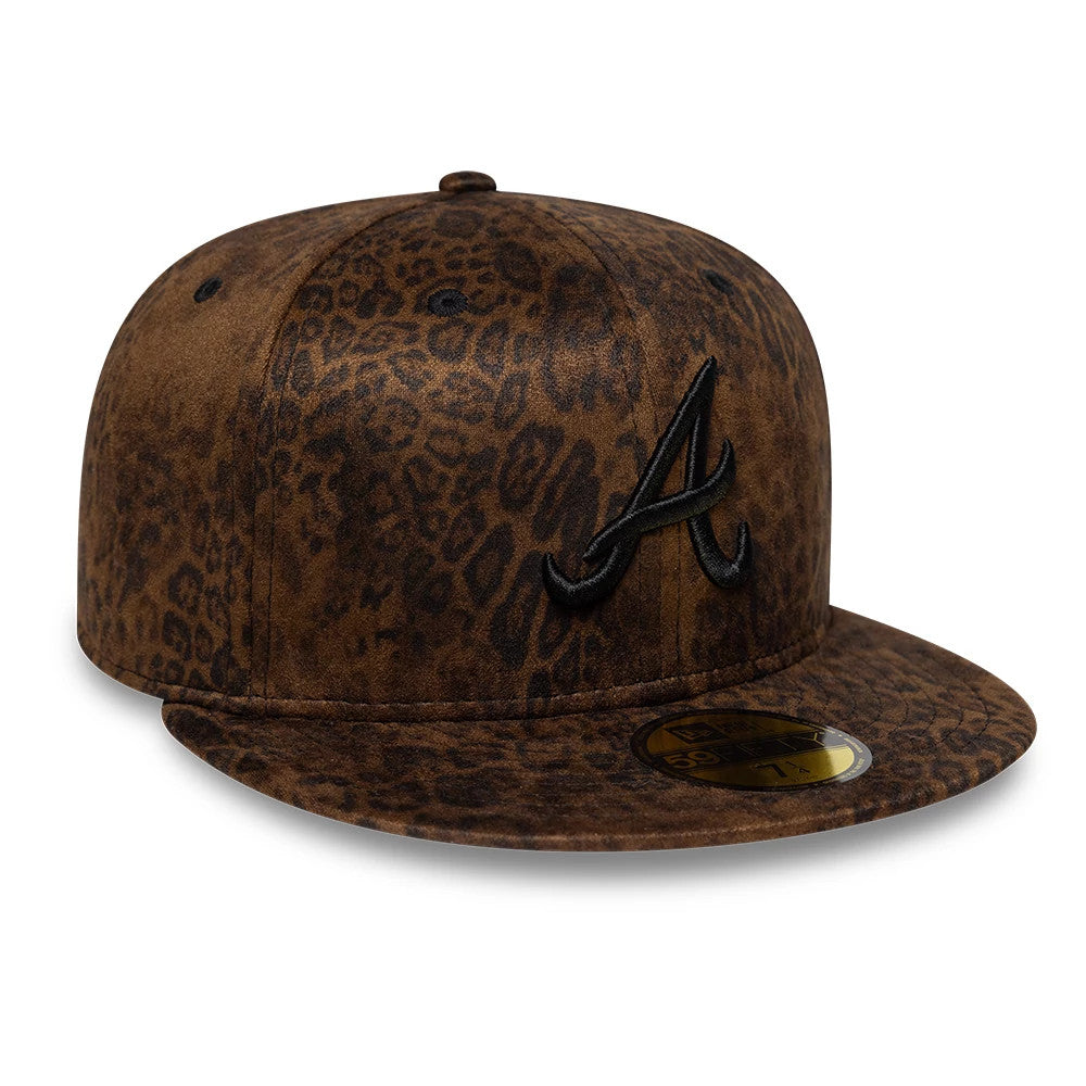 Atlanta Braves MLB Leopard Black New Era 59FIFTY Fitted Cap, three-quarter view showing the black raised embroidered A logo on the front panel, with an all-over leopard print and a gold 59FIFTY size sticker on the flat visor.
