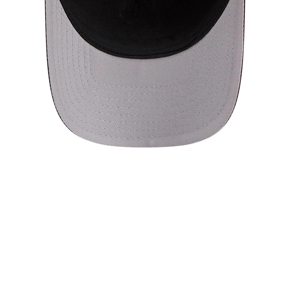 San Diego Padres MLB Script Dark Brown New Era 9FORTY M-Crown A-Frame Adjustable Cap, bottom view showing the grey undervisor and under the flat black visor, with stitching around the edge.
