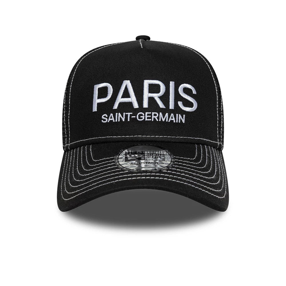 Paris Saint-Germain Black New Era 9FORTY E-Frame Trucker Adjustable Cap, front view showing large white embroidered PARIS SAINT-GERMAIN lettering on the structured black crown, with a curved visor and 9FORTY size sticker.