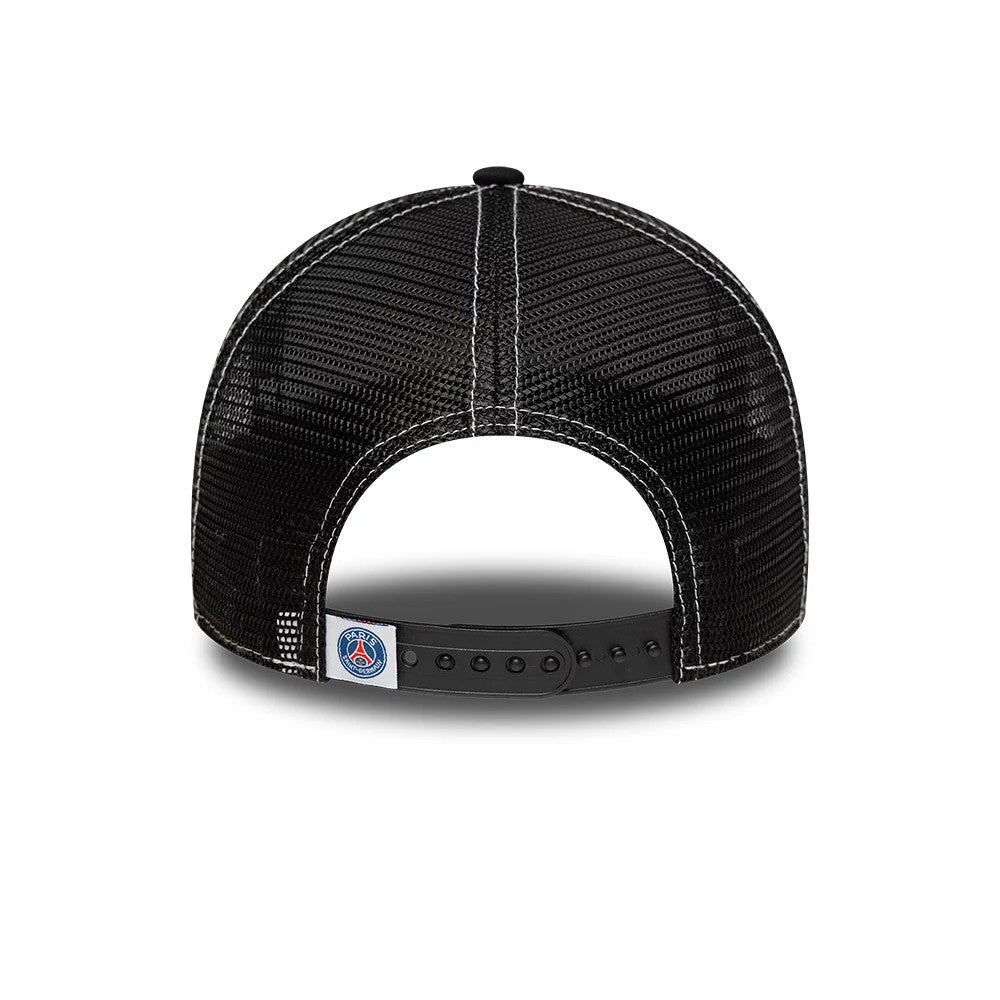 Paris Saint-Germain Black New Era 9FORTY E-Frame Trucker Adjustable Cap, rear view featuring the club's logo patch on the black adjustable snap closure, with contrast white stitching along the black mesh back panels.