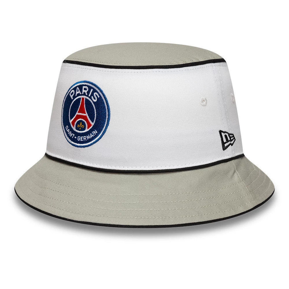 New Era Paris Saint-Germain Retro Grey Bucket Hat, side view showing the embroidered PSG crest on the white crown, with a grey visor, black trim, and the New Era flag logo to the right side.