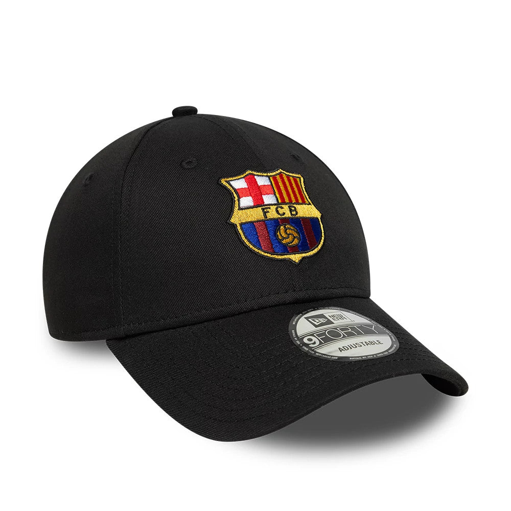 FC Barcelona Core Black New Era 9FORTY Adjustable Cap, three-quarter view showing the colourful raised FCB crest embroidered on the front panel, with a curved black visor and 9FORTY size sticker on top.