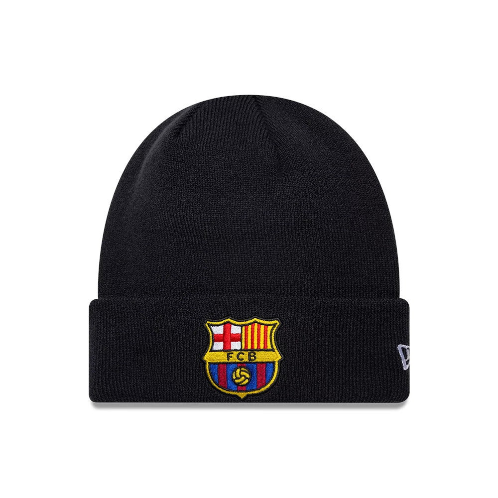 New Era FC Barcelona Core Navy Cuff knit Beanie Hat, front view featuring the embroidered FC Barcelona crest in full colour on the cuff, with the New Era flag logo on the left side against the navy knit fabric.