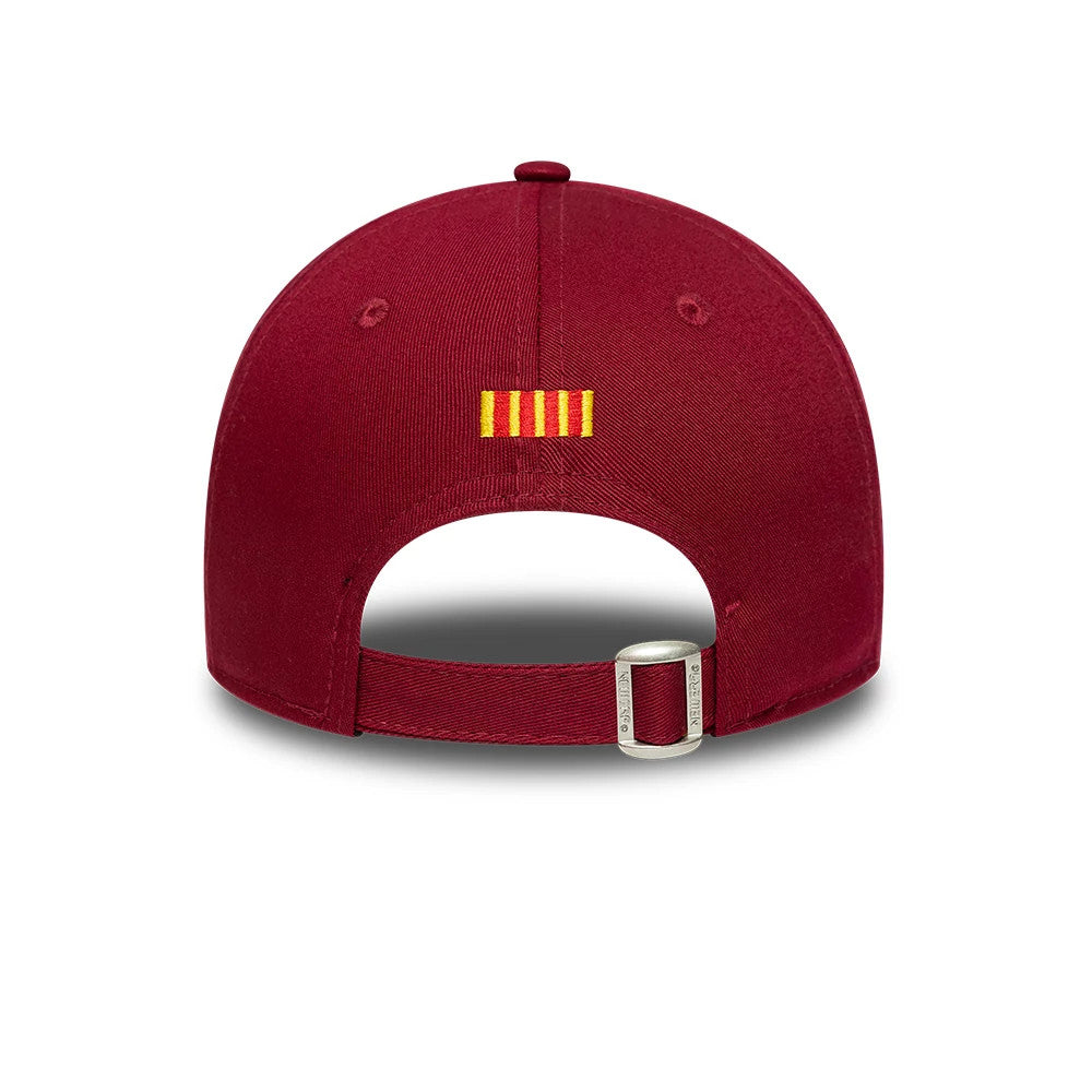 FC Barcelona Youth Core Dark Red New Era 9FORTY Adjustable Cap, rear view showing the red and yellow embroidered stripes centred on the back panels, with a dark red adjustable strap and buckle fastening.