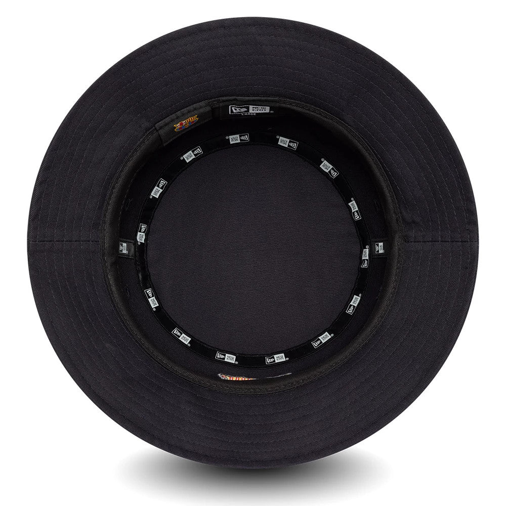 New Era FC Barcelona Core Navy Bucket Hat, inside view showing the black interior sweatband with repeated New Era logos, complemented by black taping along the seams and a solid navy crown.