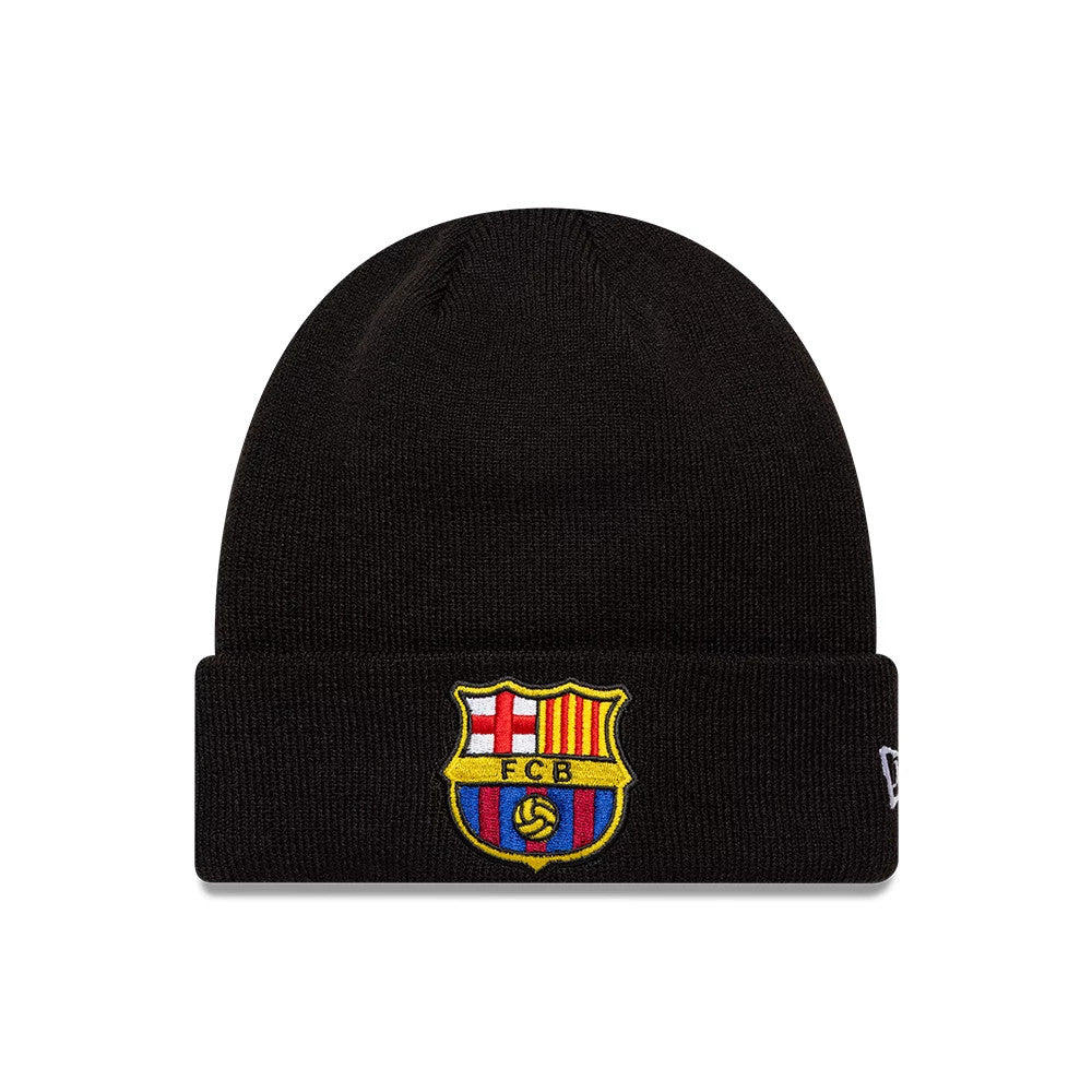 New Era FC Barcelona Core Black Cuff knit Beanie Hat, front view showing the embroidered FC Barcelona club crest on the cuff, with the New Era flag logo on the left side of the black knitted crown.