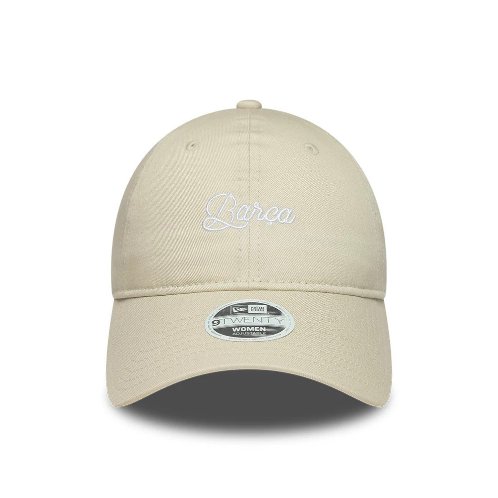 FC Barcelona Womens Wordmark Light Beige New Era 9TWENTY Adjustable Cap, front view showing white Barça script embroidery on the centre of the unstructured crown with a matching light beige curved visor and 9TWENTY size sticker.