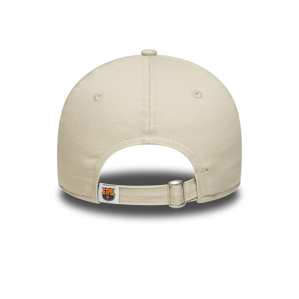 FC Barcelona Womens Wordmark Light Beige New Era 9TWENTY Adjustable Cap, rear view showing the FC Barcelona crest logo on the light beige adjustable strap, with eyelets and a top button on the unstructured crown.