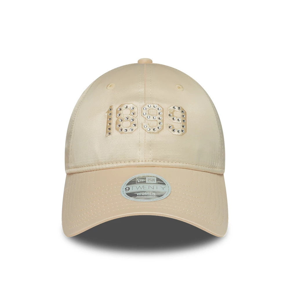FC Barcelona Womens Rhinestone Light Beige New Era 9TWENTY Adjustable Cap, front view showing the rhinestone 1899 design on the structured crown with matching beige curved visor and 9TWENTY size sticker.