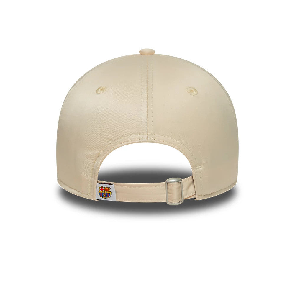 FC Barcelona Womens Rhinestone Light Beige New Era 9TWENTY Adjustable Cap, rear view showing the FC Barcelona crest on the adjustable strap, with a beige top button and eyelets on the light beige crown.