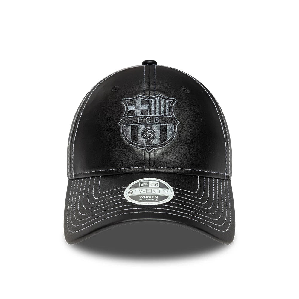 FC Barcelona Womens PU Black New Era 9TWENTY Adjustable Cap, front view showing the grey embroidered FCB logo centred on the black crown, with contrasting white stitching and a 9TWENTY size sticker on the curved visor.