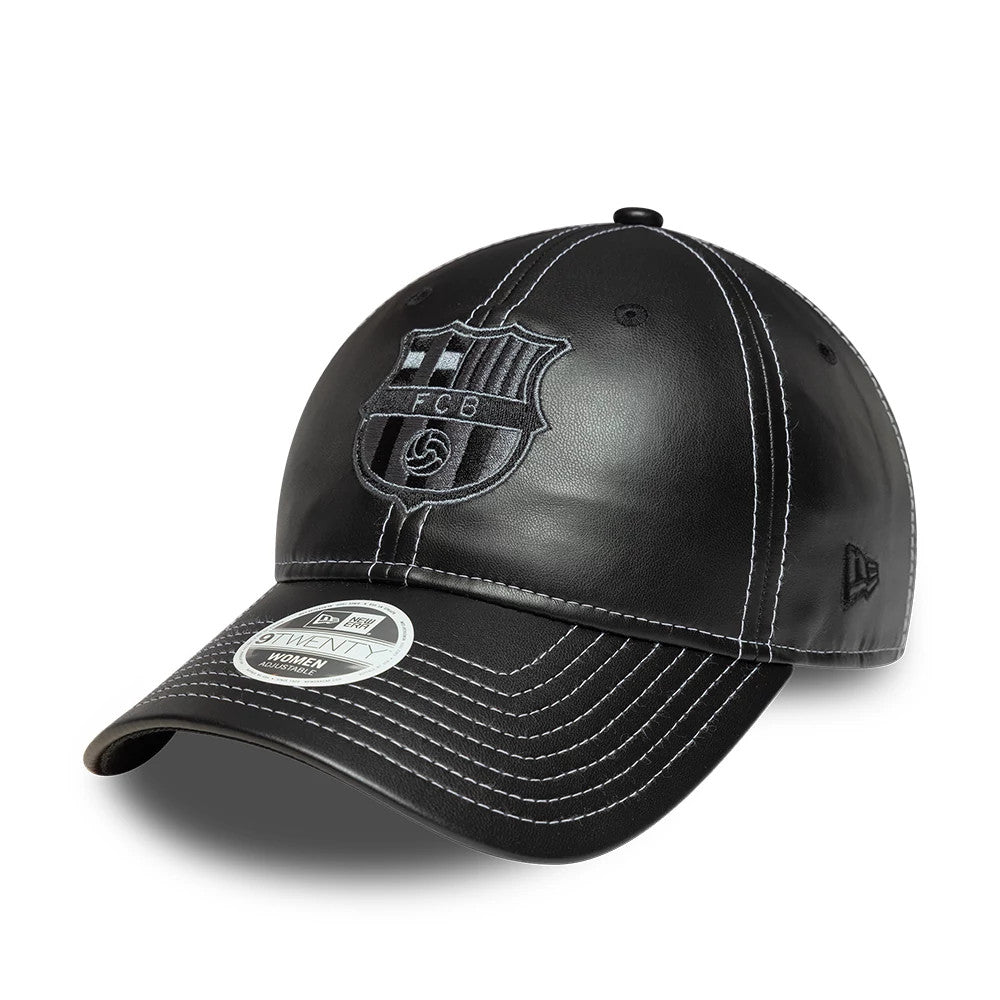 FC Barcelona Womens PU Black New Era 9TWENTY Adjustable Cap, three-quarter view showing a raised embroidered FC Barcelona logo on the structured front panel, black visor with contrast white stitching and a 9TWENTY size sticker.