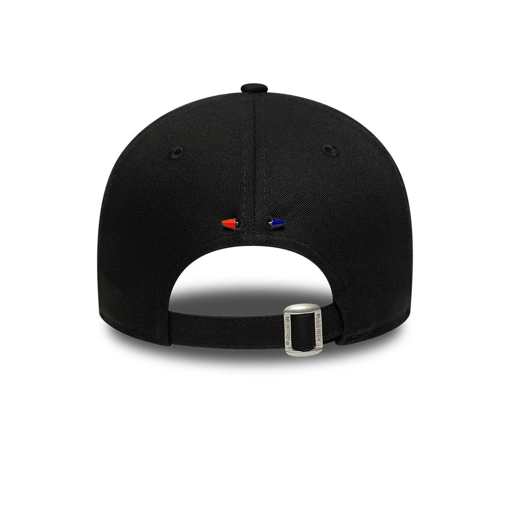 Barbara Bui x Paris Saint-Germain Black New Era 9FORTY Adjustable Cap, rear view showing the black crown with red and blue eyelet accents and an adjustable strap featuring at the back.