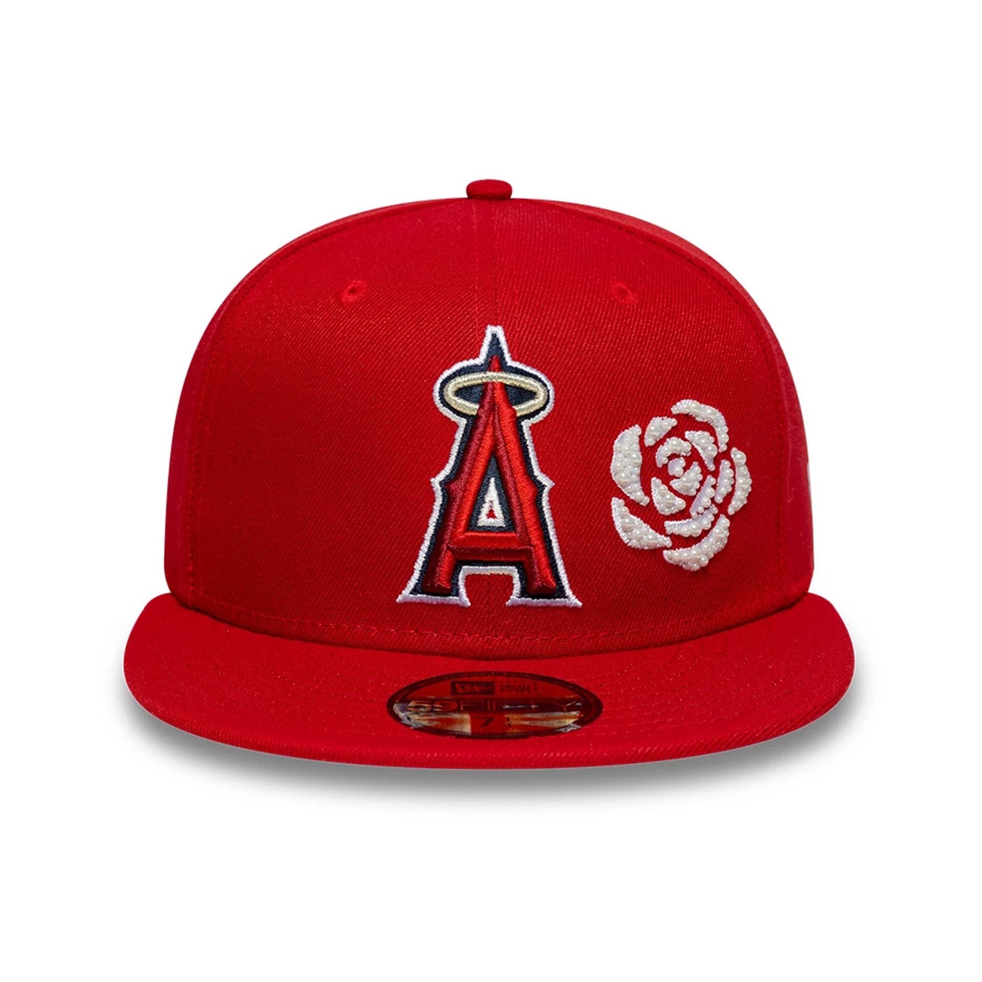 Pictured is this MLB Faux Pearl Icon LA Angels 59FIFTY Fitted cap in red. 2
