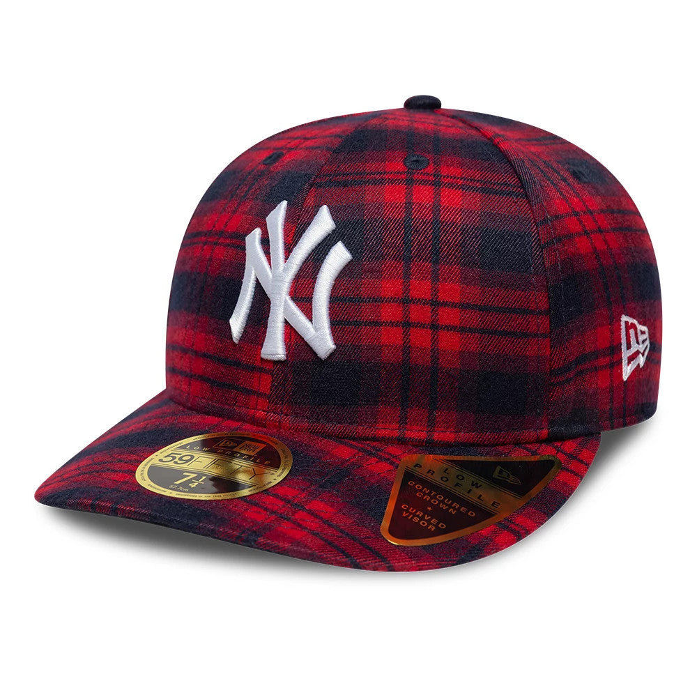 New York Yankees MLB Check Red Low Profile New Era 59FIFTY Fitted Cap, three-quarter view showing the white raised NY logo on red check fabric, with embroidered New Era flag logo on the left, gold 59FIFTY size sticker.