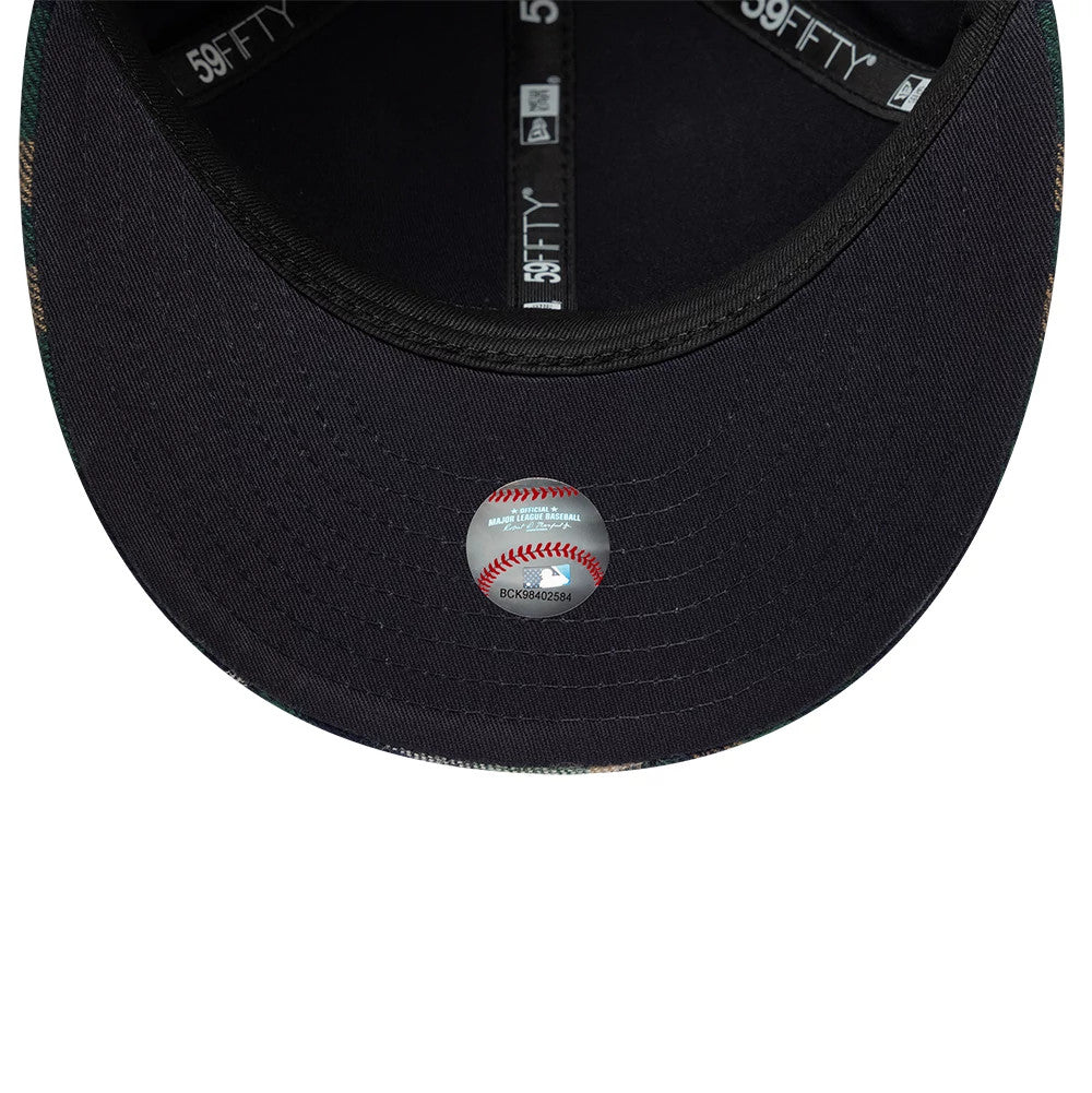 New York Mets MLB Check Dark Green Low Profile New Era 59FIFTY Fitted Cap, inside view showing the black undervisor with an MLB authentication sticker, along with black taping featuring the 59FIFTY white branding.