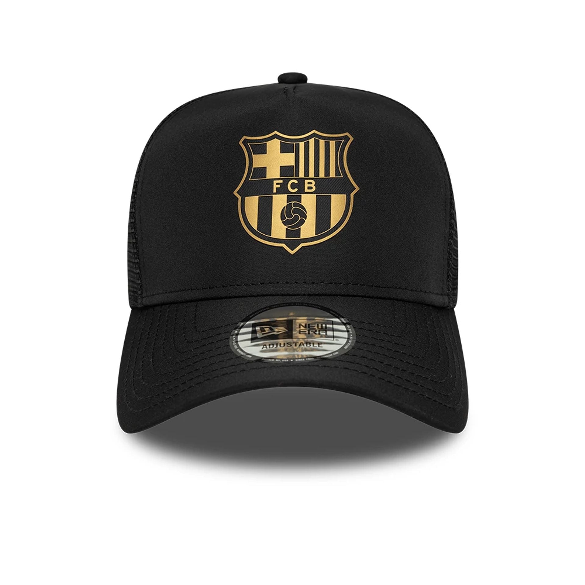 This is a FC Barcelona Black Gold Black 9FORTY A-Frame Trucker Adjustable Cap 2