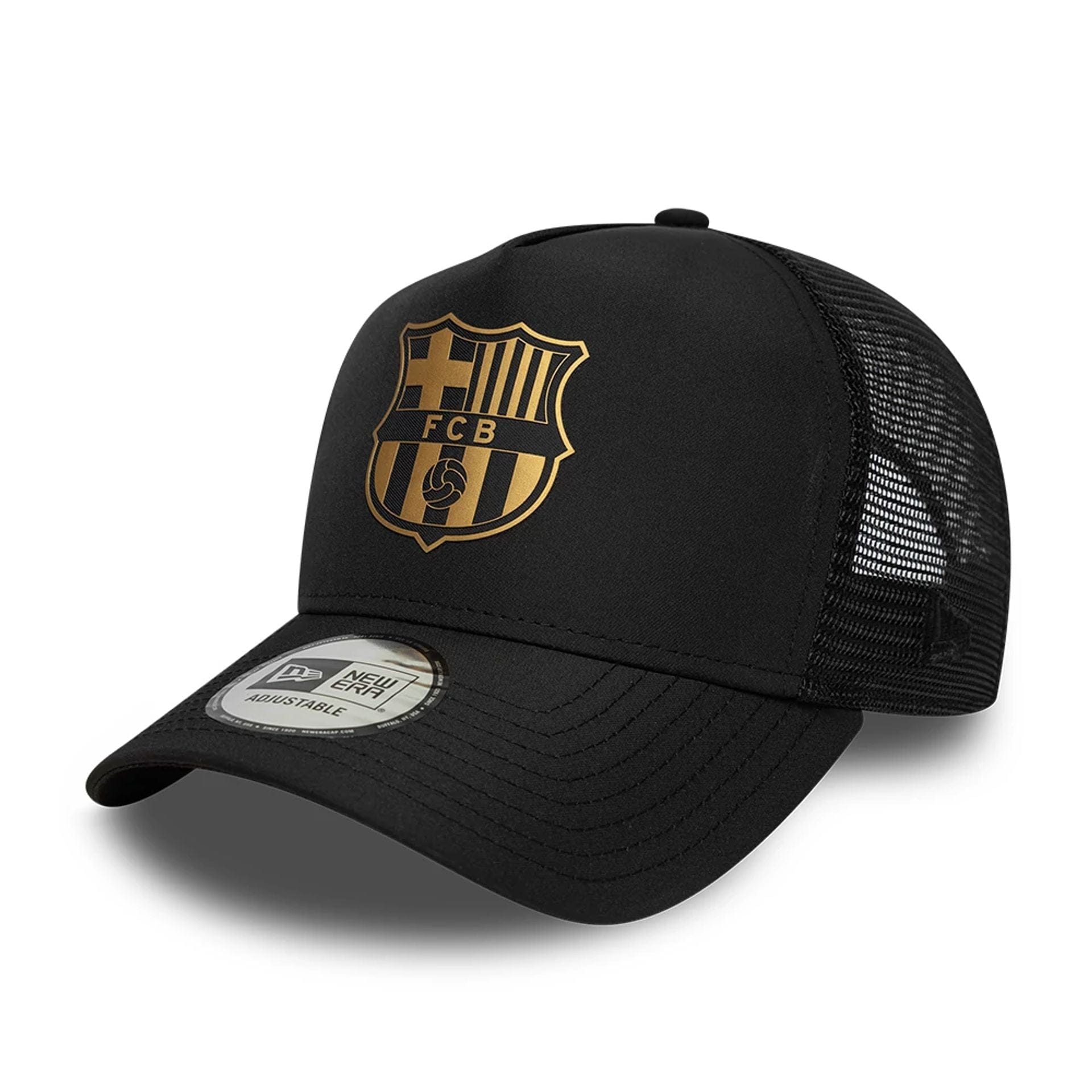 This is a FC Barcelona Black Gold Black 9FORTY A-Frame Trucker Adjustable Cap 1