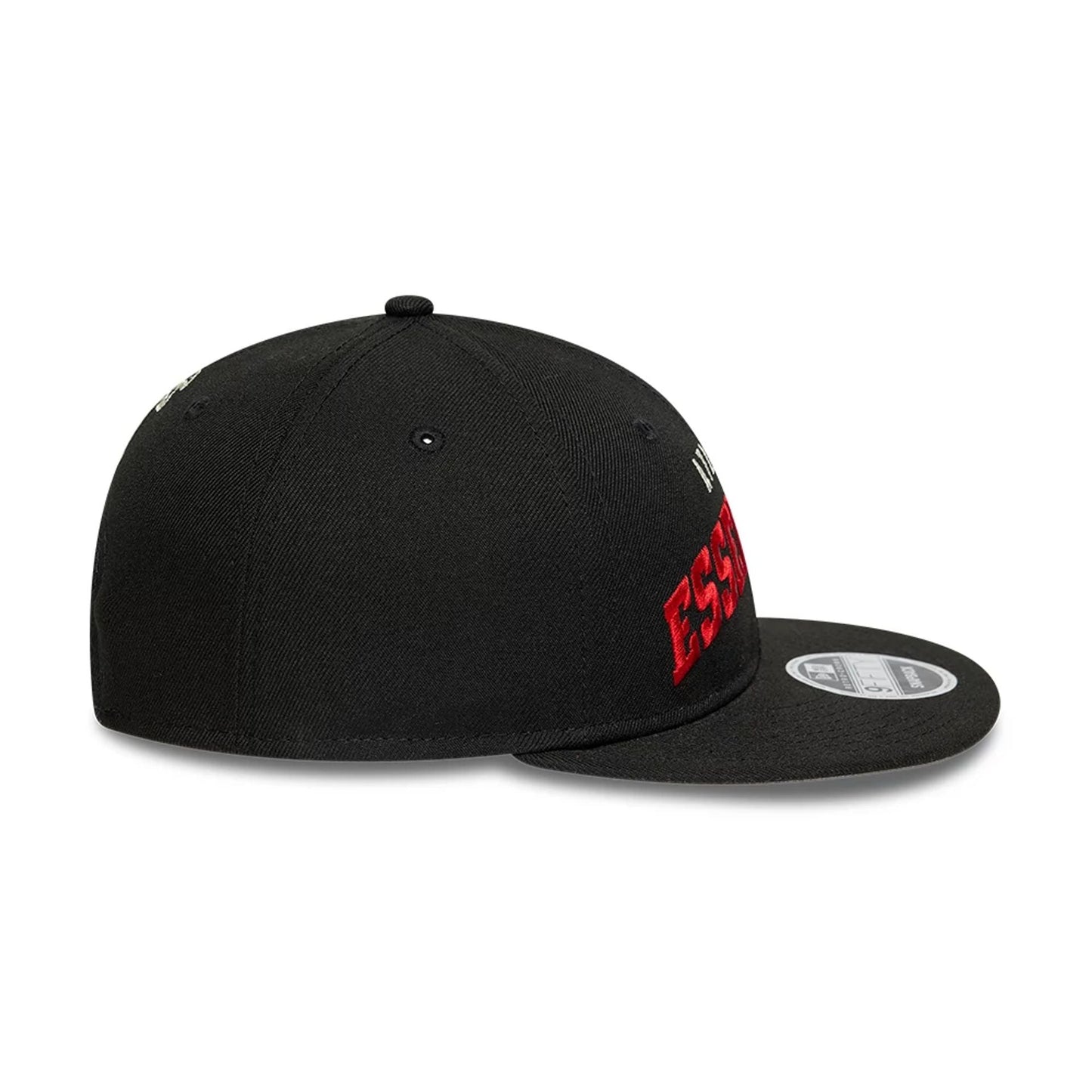 Atlanta Falcons Fear Of God x NFL Black Retro Crown New Era 9FIFTY Adjustable Cap, side view showing the red ESSENTIALS embroidery on the structured black crown, black flat visor, and silver 9FIFTY size sticker.