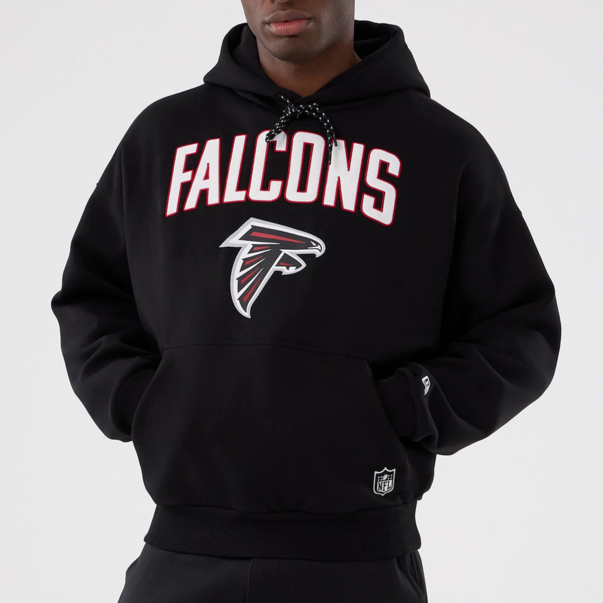 The Male model is wearing Atlanta Falcons NFL International Series Games 2025 Black Premium Pullover Hoodie 7