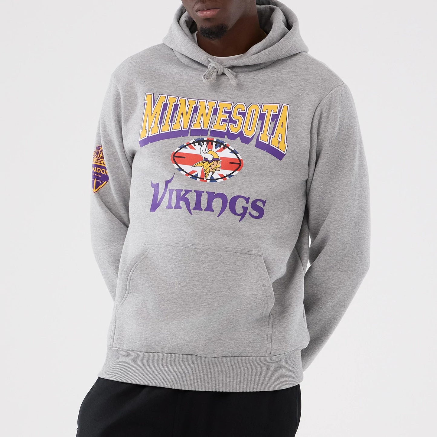 The Male model is wearing Minnesota Vikings NFL International Series Games 2025 Grey Pullover Hoodie 7