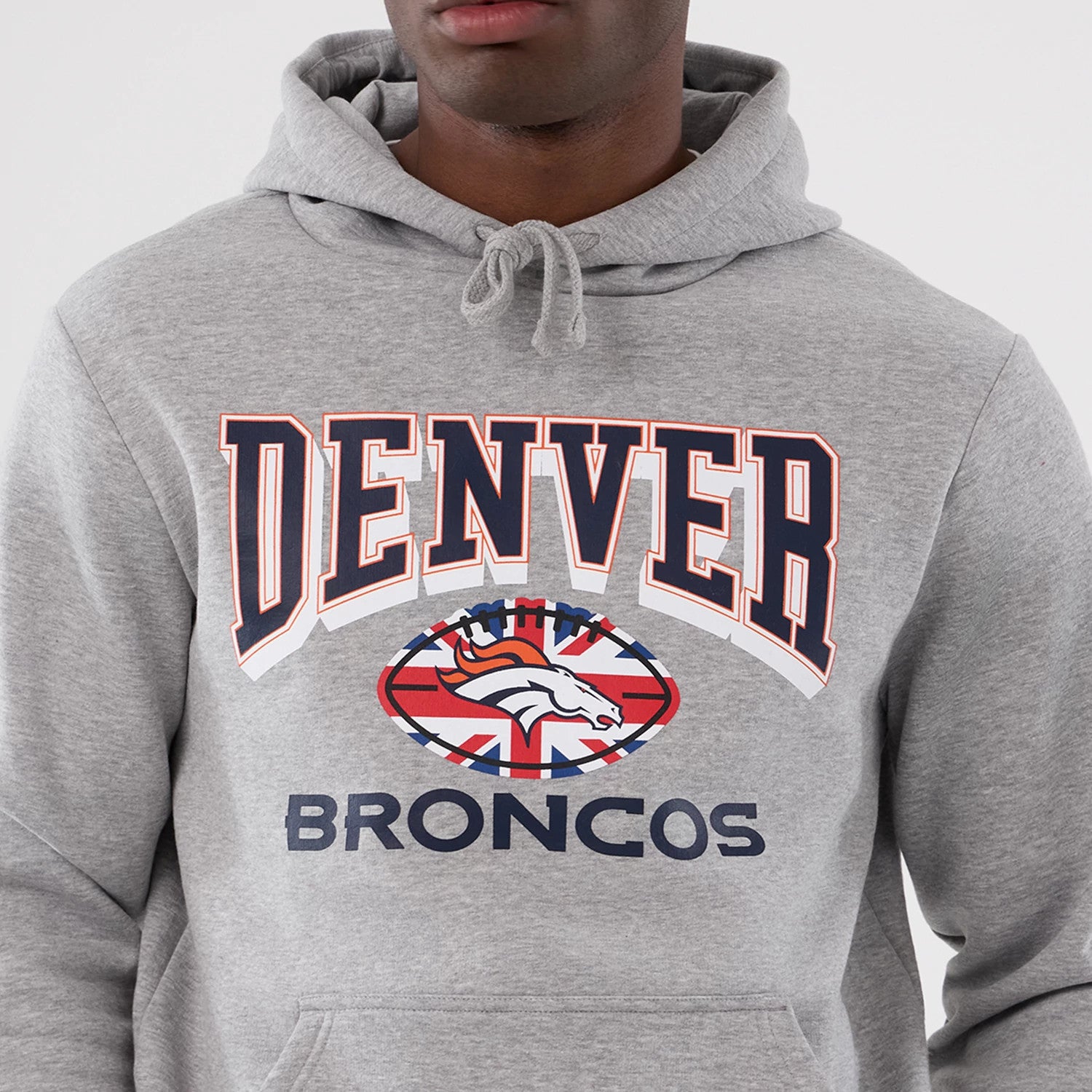 The Male model is wearing Denver Broncos NFL International Series Games 2025 Grey Pullover Hoodie 3