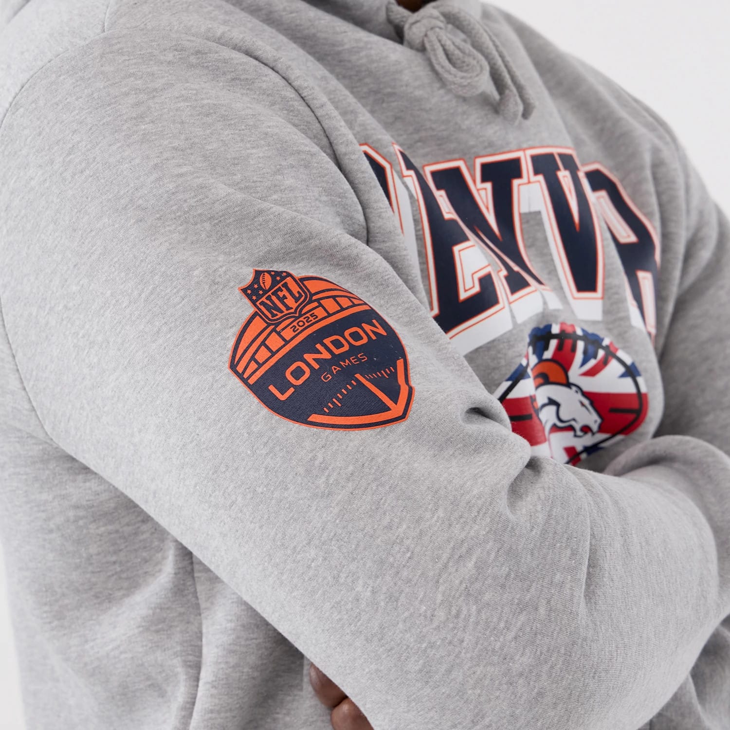 The Male model is wearing Denver Broncos NFL International Series Games 2025 Grey Pullover Hoodie 4