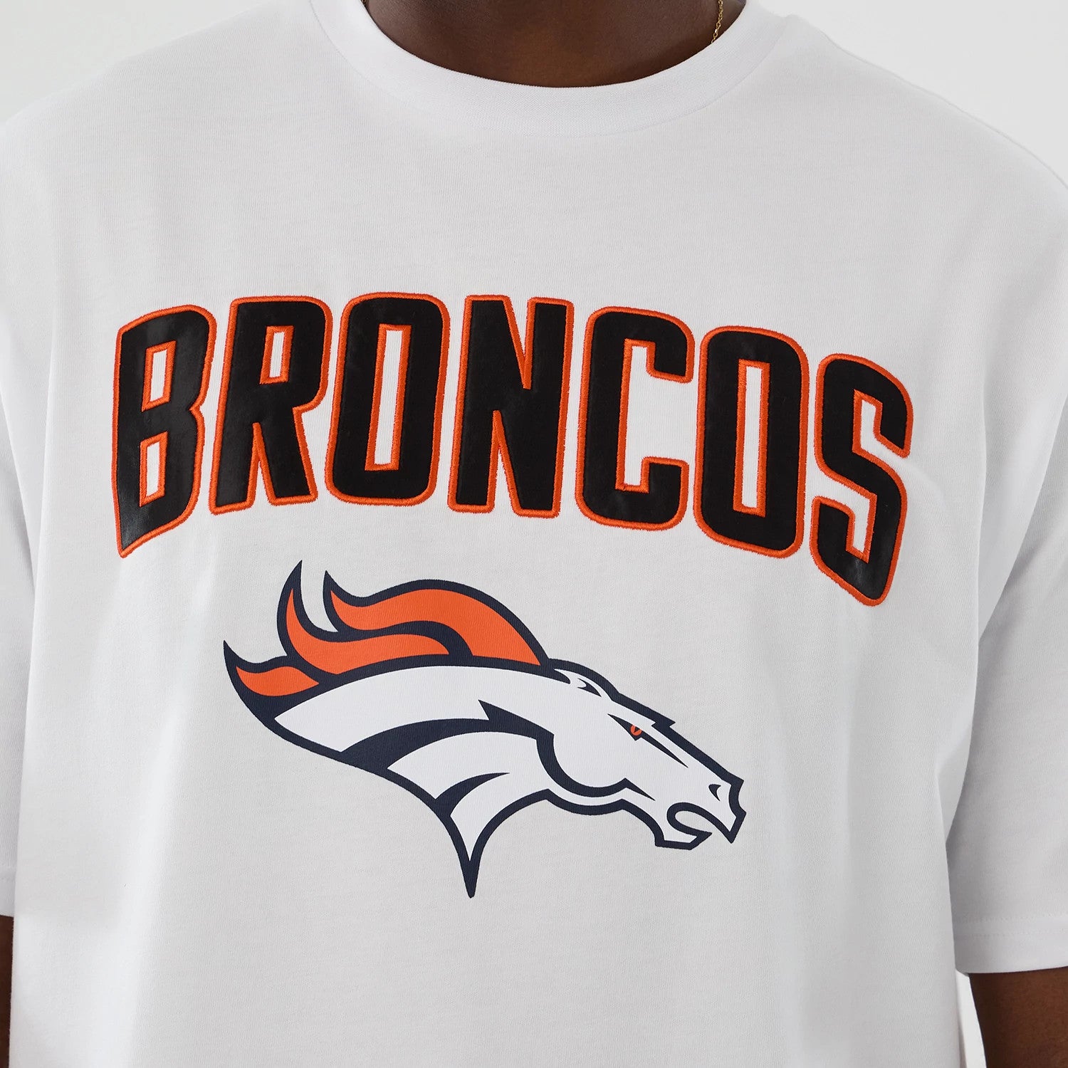 The Male model is wearing Denver Broncos NFL International Series Games 2025 White Premium T-Shirt 3
