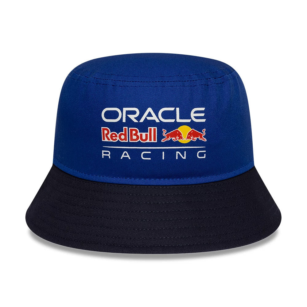 New Era Red Bull Racing Youth Essential Dark Blue Bucket Hat, front view showing the white Oracle and Red Bull Racing logos embroidered on the structured dark blue crown, with a contrasting darker blue visor.